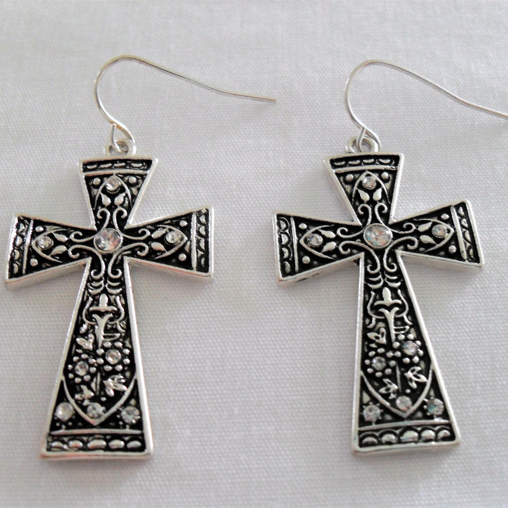 NEW Antique Silver Tone Rhinestone Studded Cross Earrings